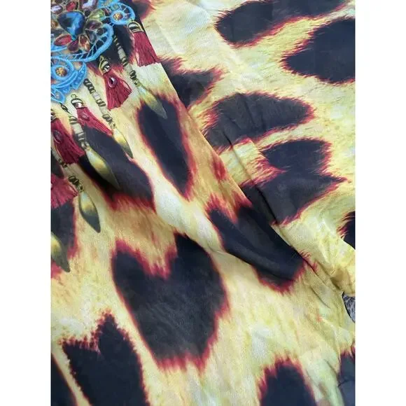 Boho Maxi Kimono Kaftan Women Leopard Butterfly Print Sheer Beaded Cover Up L/XL - Picture 15 of 16